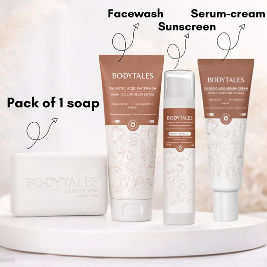 2% Kojic Acid Anti Pigmentation & Tan Protection Combo | Soap (Pack of 1) + Facewash 100g + Serum-Cream 30g + Sunscreen 50g