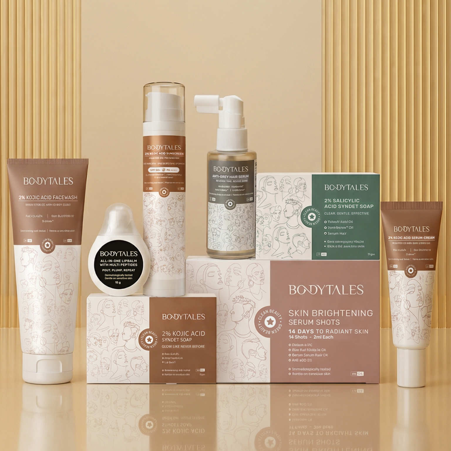 Collection of Bodytales skincare products on a beige background
